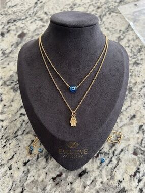 14 K Gold Plated Hamsa & Blue Evil Eye Layered Necklace